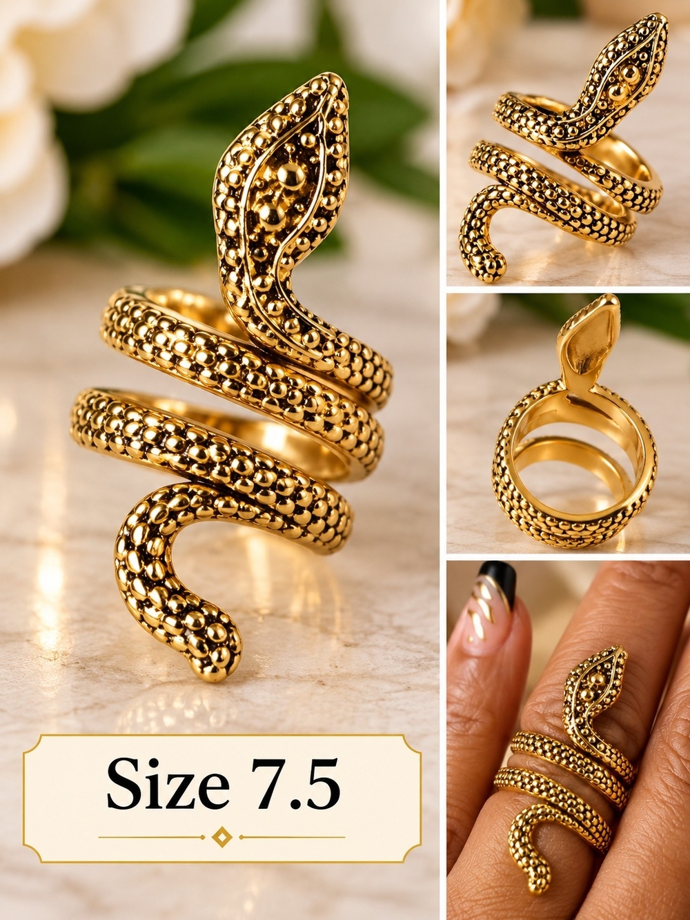 Gold-Tone Stainless Steel Snake Ring – Size 7.5